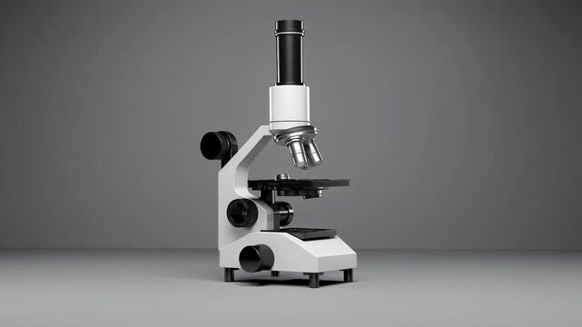 A 3D render of a modern microscope with a white body, black eyepiece, silver objective lens, and stage, set against a gray gradient studio backdrop