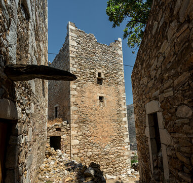 Greece Vatheia village. Old abandoned tower houses in Vathia Mani Peninsula Laconia Peloponnese, Europe