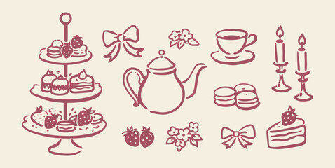 Fototapeta premium Tea party dessert set outline sketch vector illustration
