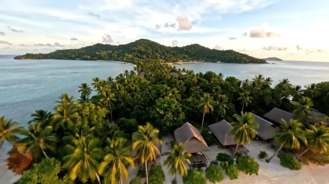 Aerial view of a tropical island with lush greenery, tall palm trees, sandy beaches, overwater bungalows, and surrounding turquoise ocean waters during daylight. The scene is peaceful and scenic, hig