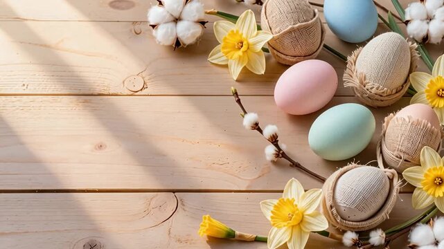 Pastel colored Easter eggs with daffodils, cotton branches and natural textile decoration arranged on a light wooden background. Soft spring holiday composition with empty space.