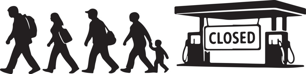 Silhouette of walking figures away from closed pumps