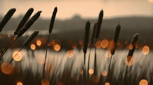 Serene marshland scene at sunset with cattails and bokeh lights reflecting in calm water evoking a peaceful natural atmosphere perfect for nature-themed designs
