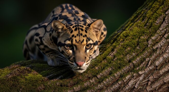 Clouded Leopard Prowls Forest Tree Branch with Intense Gaze