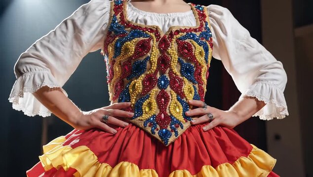 Close-up of a dancer in a vibrant, colorful traditional costume, arms at sides.