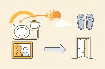 Visual transformation of daily routines showcasing a cup of coffee alongside a plate and slippers leading toward a door framed by the essence of departure and new beginnings
