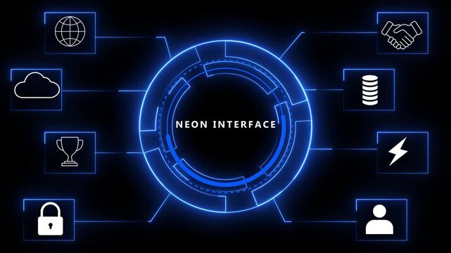 Neon interface with glowing blue outlines of like a globe handshake cloud trophy lightning bolt stack of coins and user silhouette connected by lines to a central circular hub on a black background