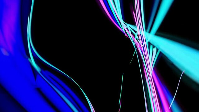 Abstract neon light ribbons weave across a black background, creating a futuristic, dynamic composition in blue, cyan and magenta