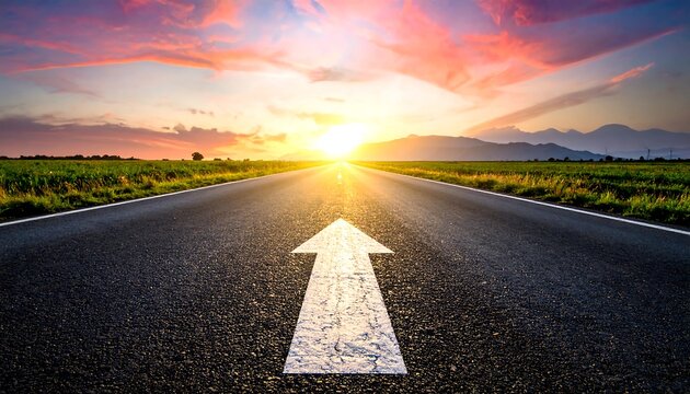 Arrow points forward down a road toward a horizon sunrise on a long road