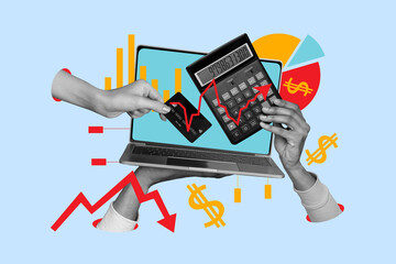 Trend artwork banner sketch 3D collage of hand hold laptop calculator credit card dollars diagram...