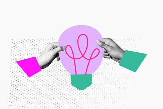 Trend artwork creative sketch 3D photo collage of two hand hold electric idea bulb mind brainstorming jigsaw solution eureka puzzle