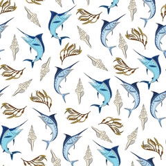 Fototapeta premium Seamless pattern sea with marlin, shells and seaweed. Flat vector background with sea life, swordfish and clam shells. Hand drawn, scribble.