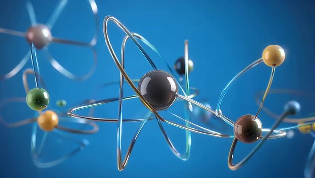Scientific animation of spinning atom models on blue background representing global research data processing and quantum computing technology