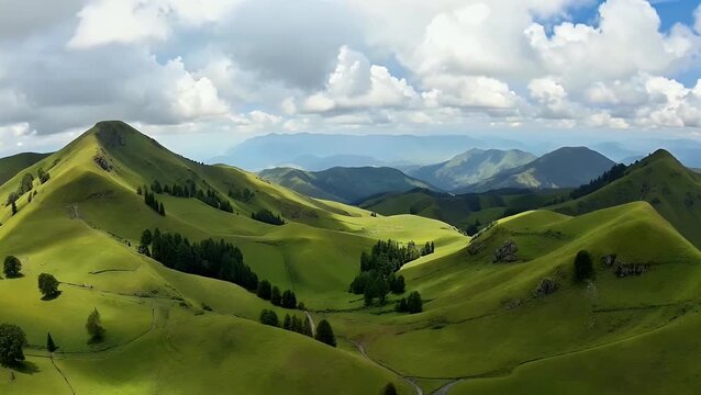 Serene 4K aerial view of undulating green hills under soft cloudy sky utilizing wide angle drone perspective to emphasize the vastness and tranquility of the countryside
