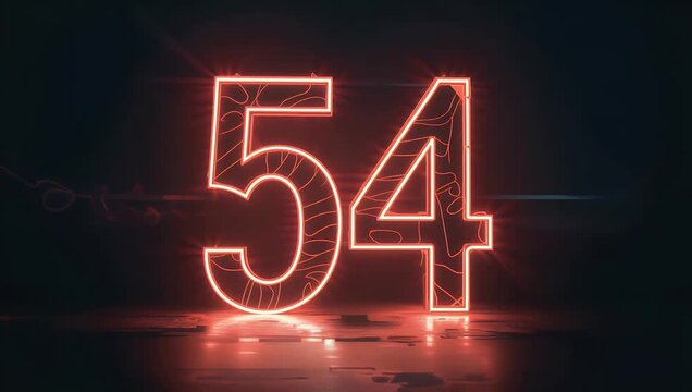 Vivid Red Neon Number 54 Design with Constant High Intensity Glow and Energy Sparkles Isolated on Black Backdrop for Digital Scoreboards and Graphics