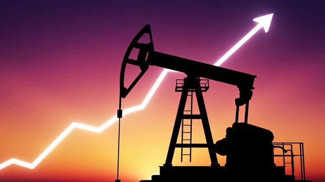 Oil pump jack silhouette with rising energy chart