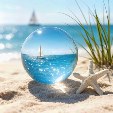 A sailboat on a sunlit ocean, its reflection captured in a glass lens ball on beach sand next to a starfish