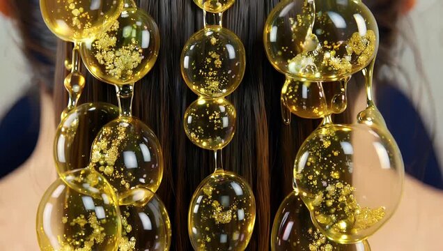 Professional 3D 4K medical animation of transparent yellow nutrient spheres flowing through hair follicles demonstrating deep nourishment scalp repair and the revitalizing effects of shampoo or