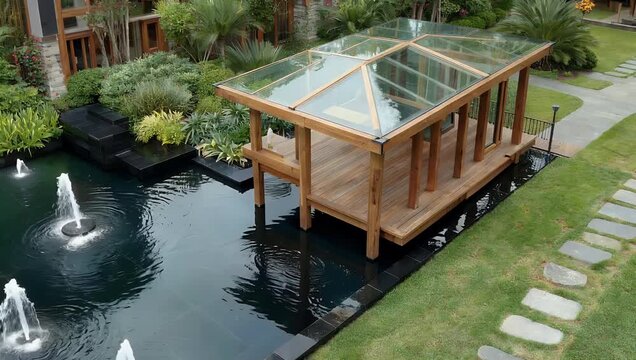 High end architectural visualization from top down perspective showcasing contemporary luxury garden with glass roof pavilion wooden decking and minimalist black tiled fountain pond