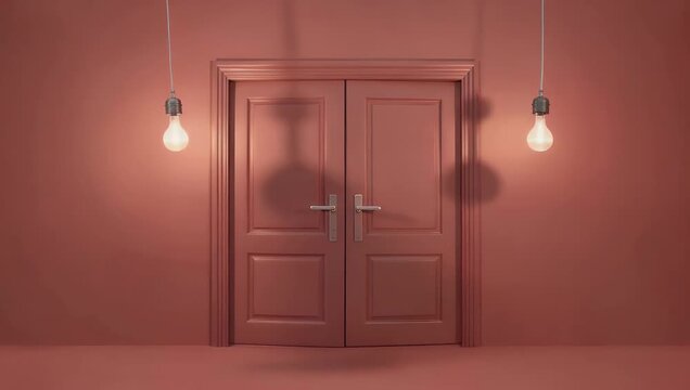 Minimalist 4K 3D conceptual animation of electric light bulbs and symmetrical double doors on vibrant red backdrop providing high quality symbolic loop regarding decision making and professional