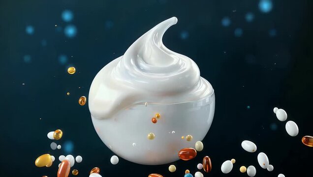 Professional 3D 4K cosmetics animation of multivitamins merging into smooth liquid cream bubble demonstrating skin absorption and morphing fluid technology through metaball motion