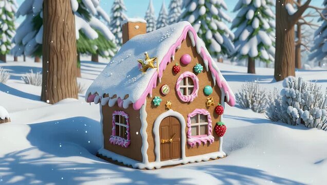 Whimsical 4K pink gingerbread house snowy forest featuring candy accents and frosting high quality seamless looping virtual background for the holidays