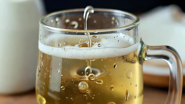 Detailed macro of frosty pint of light beer featuring condensation beads on the cold glass and bubbles rising rapidly to the surface refreshing pub scene