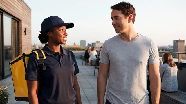A diverse group of young adults, a woman and a man, engage in a friendly conversation on a rooftop terrace during sunset, with cityscape background. They smile, laugh, and walk together, enjoying eac