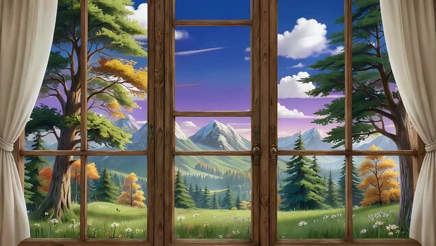 Dreamy 4K fantasy landscape visible through luxury living room window featuring seamless looping virtual environment animation for high end interior design and architectural visualization backgrounds