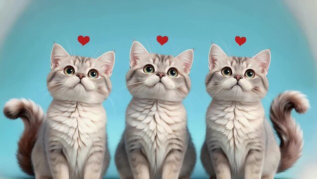 Adorable Animal Animation Featuring Three Cute Cats with Floating Love Hearts Against Soft Pastel Blue Background for Social Media