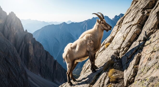 Majestic Alpine Ibex Perched Precariously on a Rugged Mountain Cliff Face