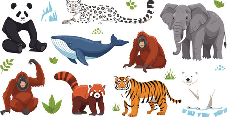 Wild animals cartoon collection with panda whale leopard elephant orangutan red panda tiger and polar bear wildlife illustration set © Khairul