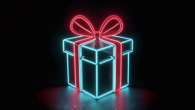 Festive 4K neon gift box animation featuring glowing box with bow on black background delivering high quality light effect for digital holidays and shopping
