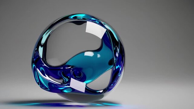 Abstract glass sculpture: a glossy blue ring intertwined with a clear orb on a neutral gray backdrop; reflections and soft shadows