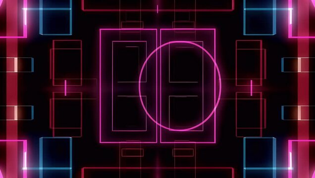 Modern 4K neon end screen template featuring colorful glowing rectangle and circle frame on black background providing high quality seamless loop for YouTube content creators