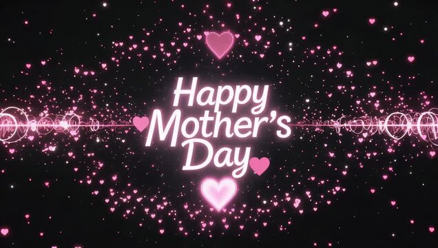 Vibrant 4K Mother's Day animation featuring spread out neon text effect on dark background designed with flickering pink lights for celebratory and high energy international holiday greeting