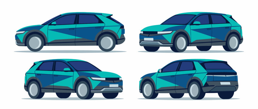 This illustration presents a stylish car model from four different angles, highlighting its modern aerodynamic shape and sleek design in vibrant colors, perfect for automotive content.