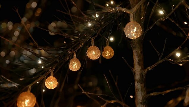 Enchanting 4K night scene featuring fairy lights twinkling on bare tree branches casting high quality warm and magical glow against dark atmospheric background