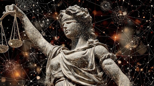 Blindfolded sculpted figure holding scales is overlaid with a digital network structure against a dark background
