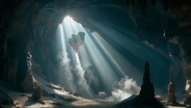 Vertical atmospheric video of dark subterranean cavern with dramatic sunlight rays piercing through the shadows and misty air perfect for mobile storytelling and social media