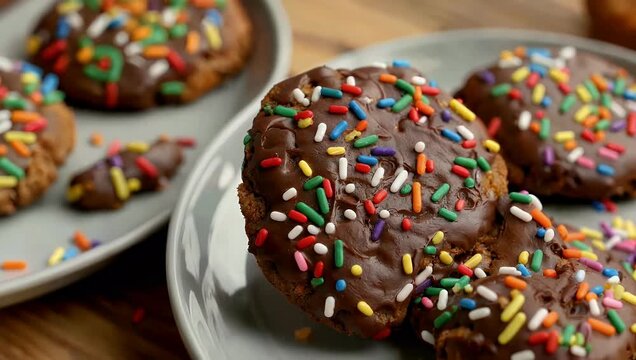 Delicious 4K holiday cookies covered colorful festive sprinkles piled on white plate with more sweet treats the background creating warm and inviting celebratory dessert scene