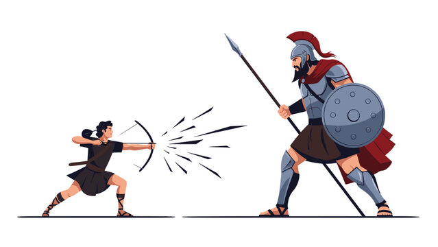 Epic biblical scene of young David aiming his bow at the giant Goliath who is armed with a spear and a shield during their famous duel.