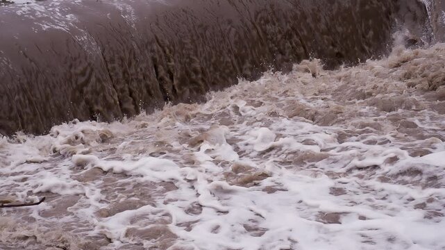 Bubbling Stream of Dirty Water. Powerful streams of dirty water after heavy rain. Slow Motion