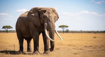 Fototapeta premium Majestic African Bull Elephant with Impressive Tusks Strides Across the Golden Savanna Under a Clear Blue Sky