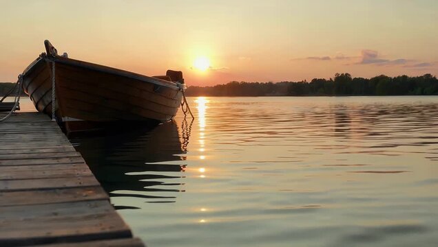 Peaceful cinematic footage of small wooden skiff moored to weathered pier at dusk with the low angle camera capturing golden solar reflections shimmering across the ripples of tranquil lake