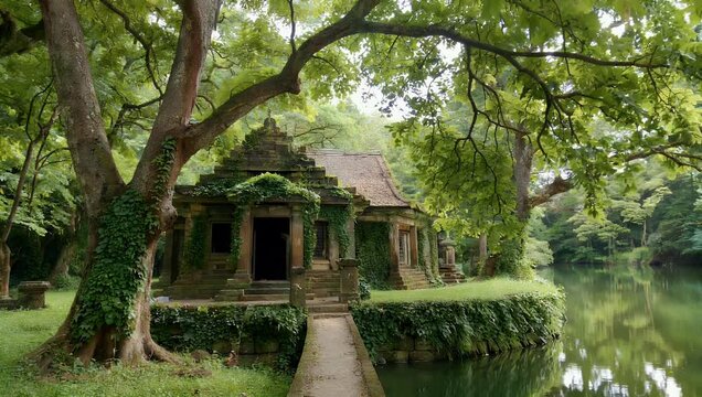 Exotic 4K jungle scene featuring ancient stone temple nestled among dense tropical trees with calm and peaceful water the background reflecting the tranquil surroundings