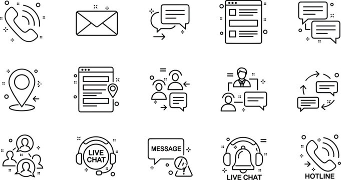 Customer support and communication line icon set with phone email message live chat hotline and help desk service illustration