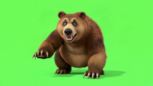 High quality 3D character animation of fierce bear tactical attack pose delivered on green screen for seamless visual effects compositing and cinematic storytelling