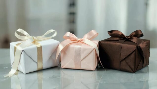 Serene 4K lifestyle footage of three elegantly wrapped gifts with satin bows resting on smooth surface set against beautiful soft bokeh background with copy space