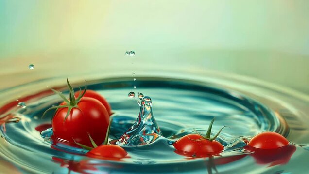 Incredible 4K 1000fps super slow motion footage of cherry tomatoes splashing into water captured on high speed cinema camera with high quality speed ramp effects